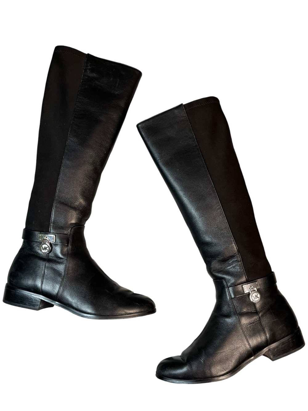 Michael Kors Womens 7 Black Leather Stretch Tall Riding Boots MK Logo Zip